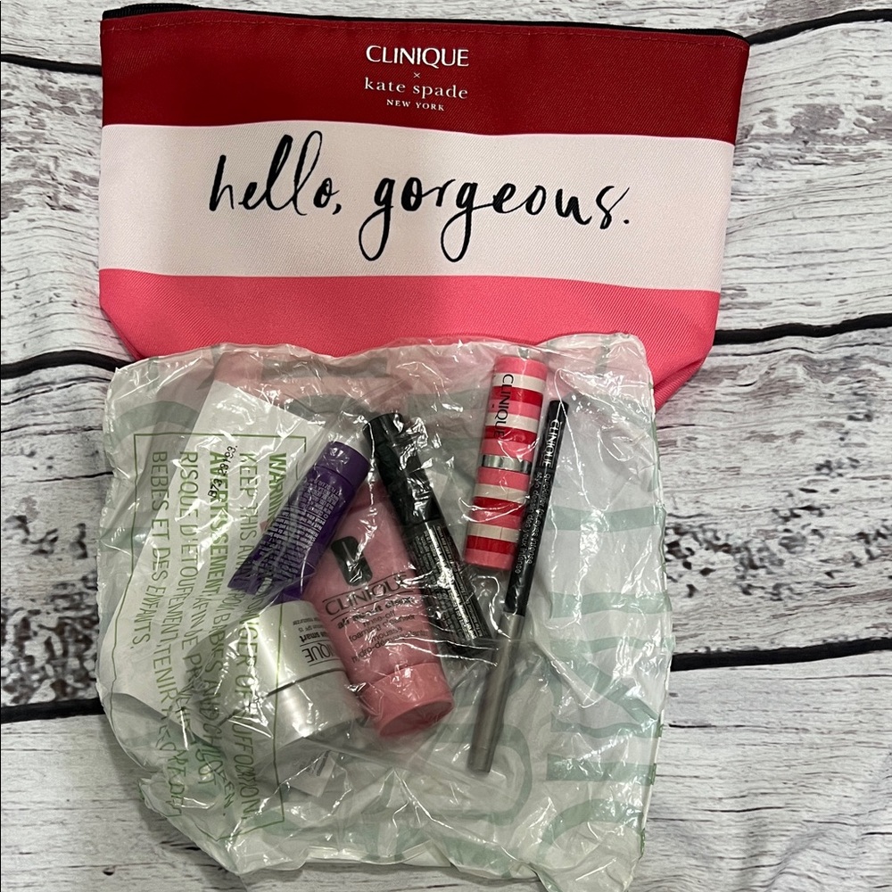 7pc Clinique x Kate Spade Red and Pink Cosmetic Bag and assorted products NEW